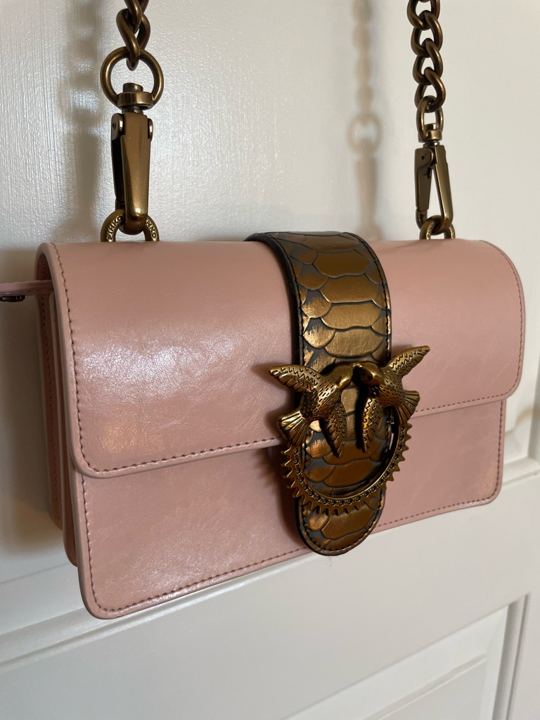 Pinko Pink Leather Crossbody Love Bag With Metallic Snake Print Accent